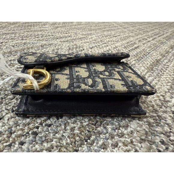 Christian Dior Canvas Oblique Saddle Wallet Navy/Beige Compact Design With Gold - Picture 9 of 10